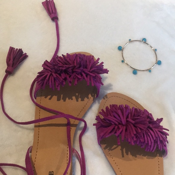 Shoes - Deep Magenta Sandals with Fringe and Ankle Ties